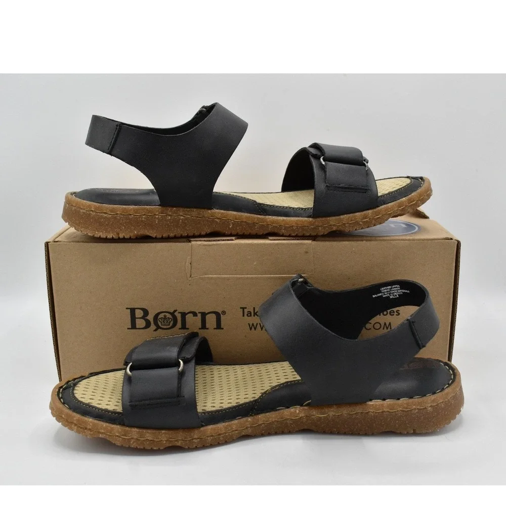 Born Womens Size 11 Tabra Black Full Grain Leather Strappy Flats Sandals Shoes